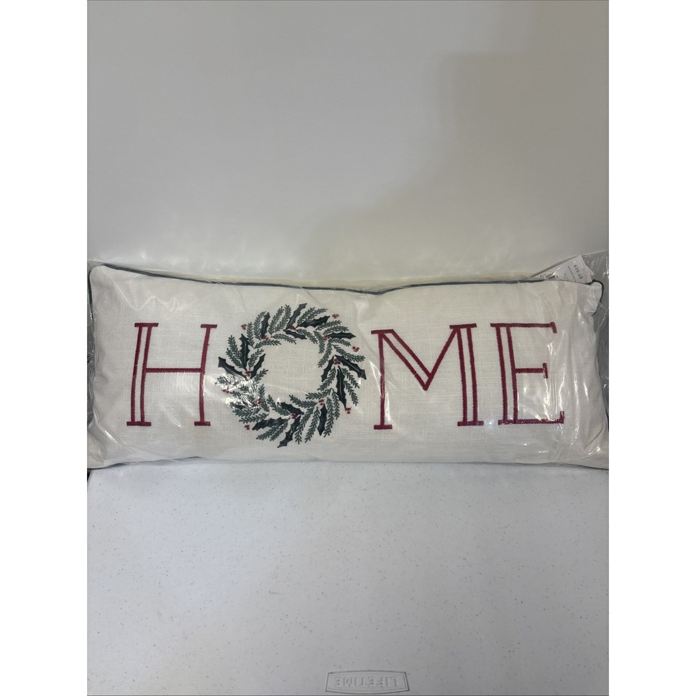 Place & Time Home Wreath Christmas Embroidered Pillow 10in X 26in Holiday‎ Decor